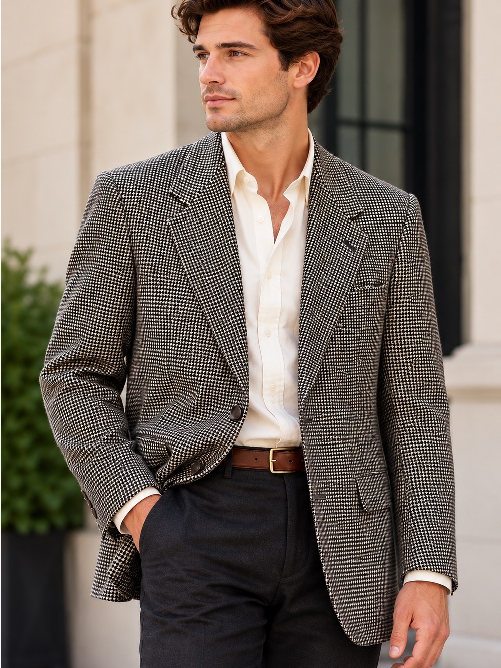 bill blass Black & White Houndstooth Camel Hair Sport Coat